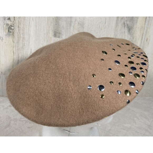 Vintage Mark Reed Women's Wool Beret Tan Studded Metallic Silver Gold Classic OS - Picture 2 of 7